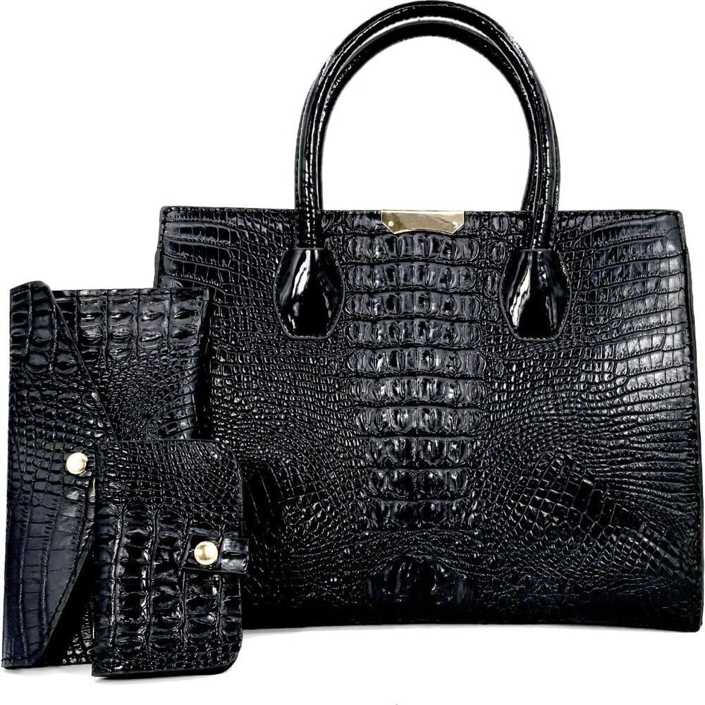 Women Leather Tote Bag Set 3 Pcs Crocodile Pattern Large Capacity Stylish